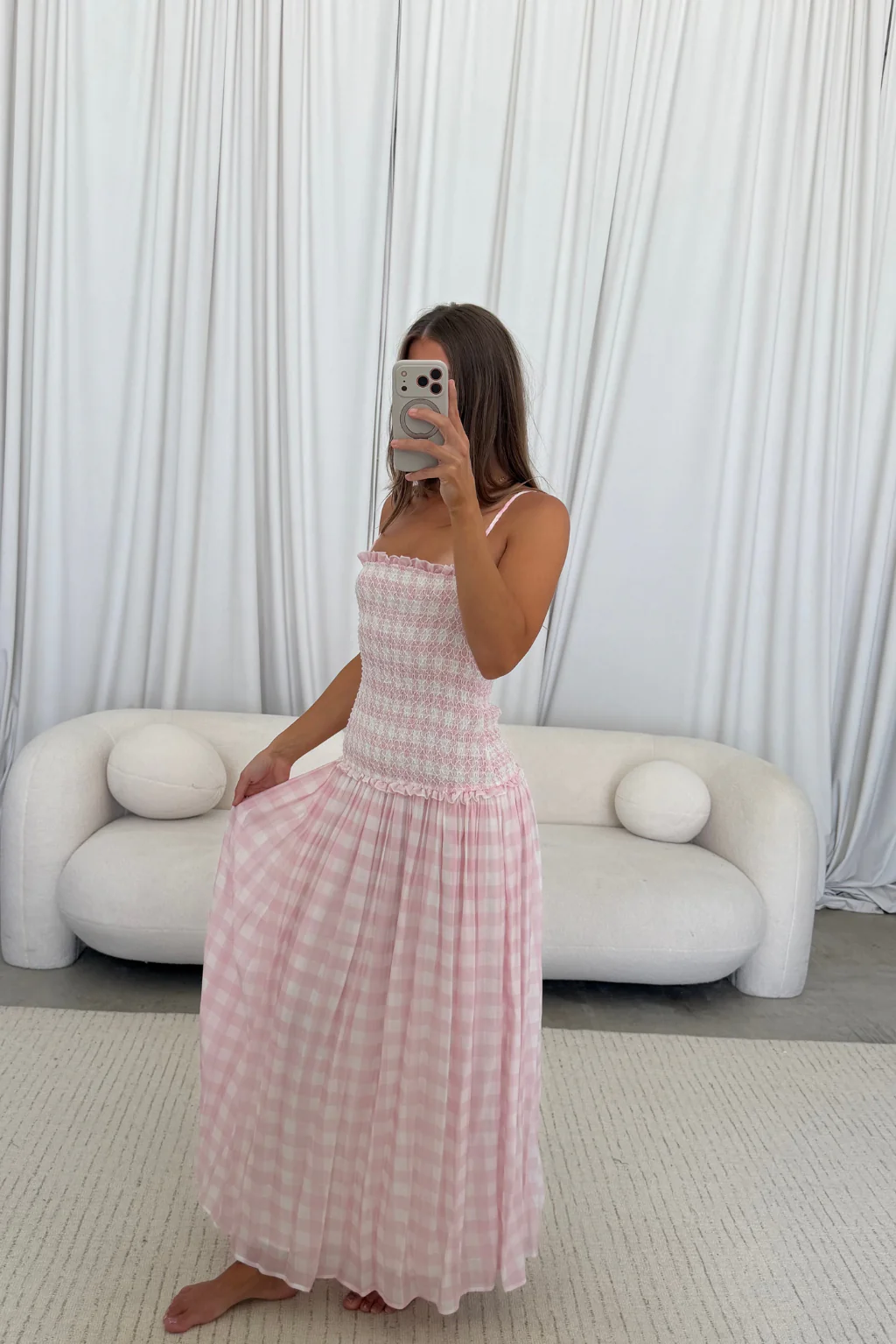 Abbie Drop Waist Smocked Gingham Maxi Dress in Baby Pink - Image 2