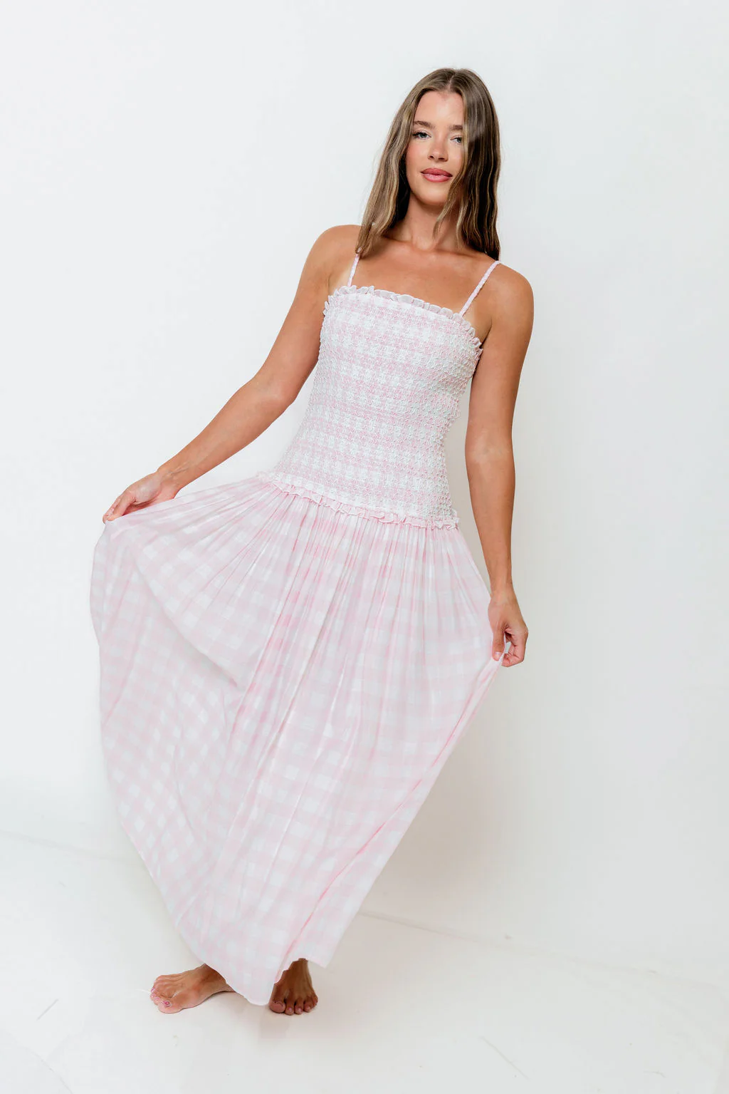 Abbie Drop Waist Smocked Gingham Maxi Dress in Baby Pink - Image 3