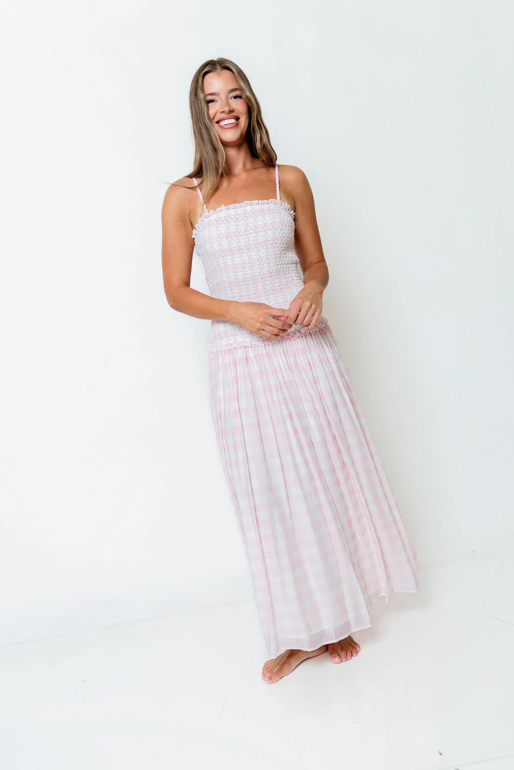 Abbie Drop Waist Smocked Gingham Maxi Dress in Baby Pink - Image 5