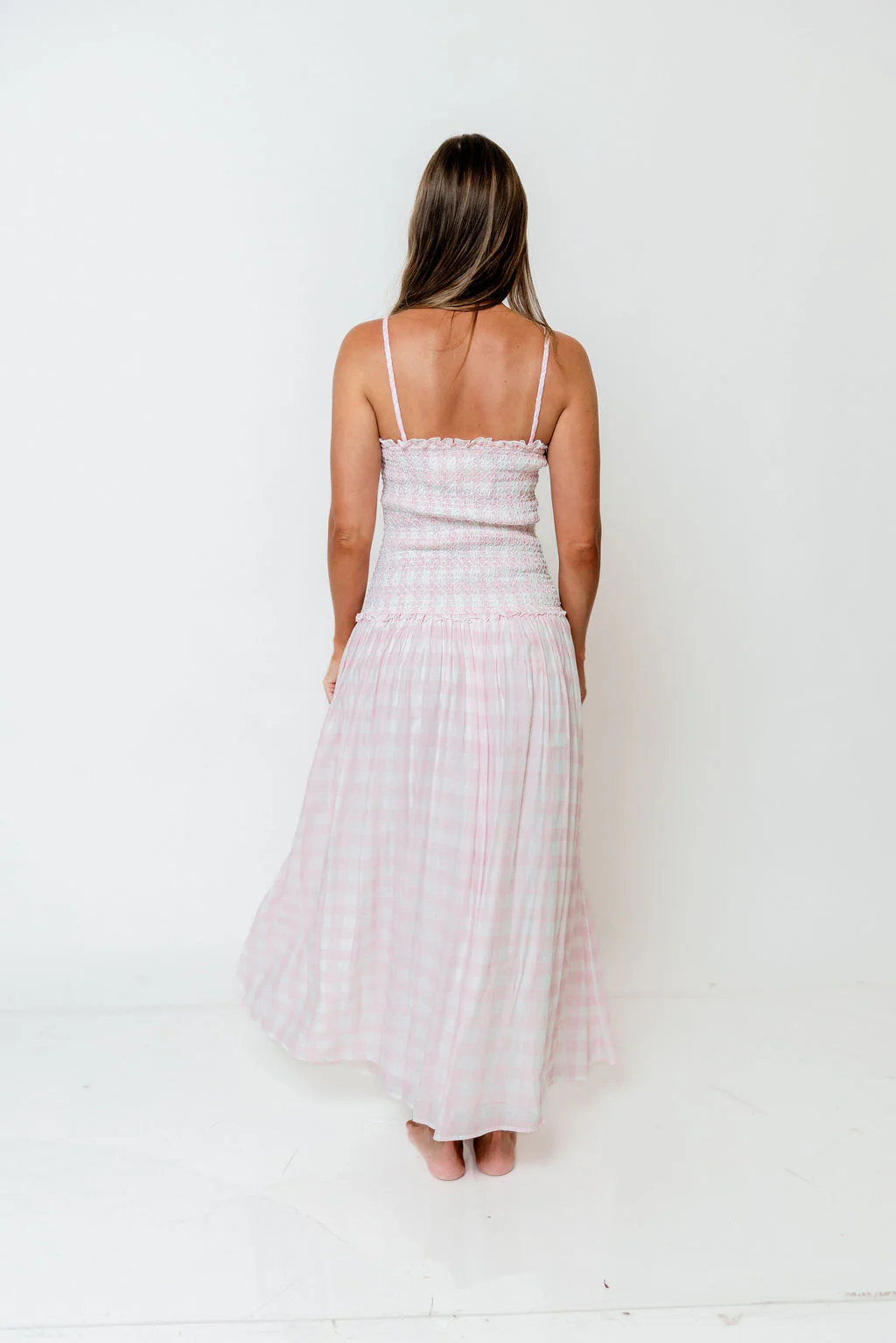 Abbie Drop Waist Smocked Gingham Maxi Dress in Baby Pink - Image 6
