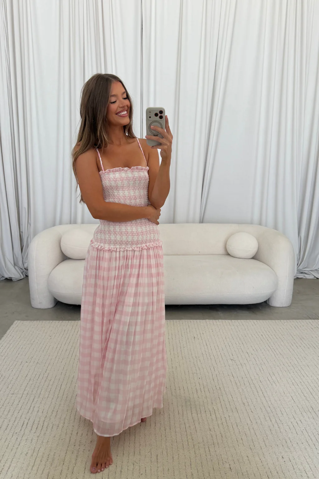 Abbie Drop Waist Smocked Gingham Maxi Dress in Baby Pink - Image 7