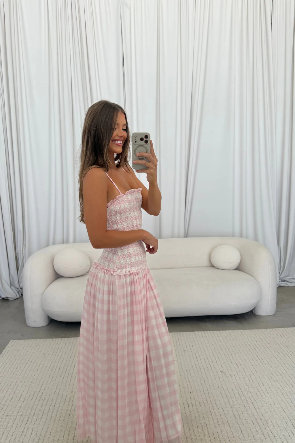 Abbie Drop Waist Smocked Gingham Maxi Dress in Baby Pink - Image 8
