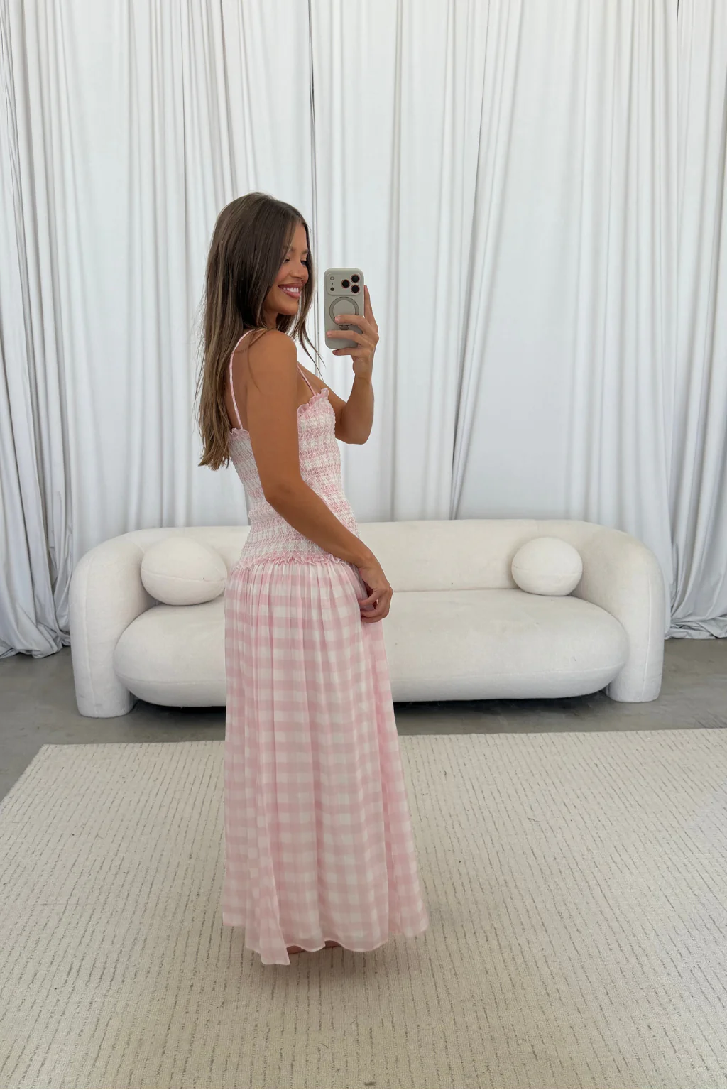 Abbie Drop Waist Smocked Gingham Maxi Dress in Baby Pink - Image 9