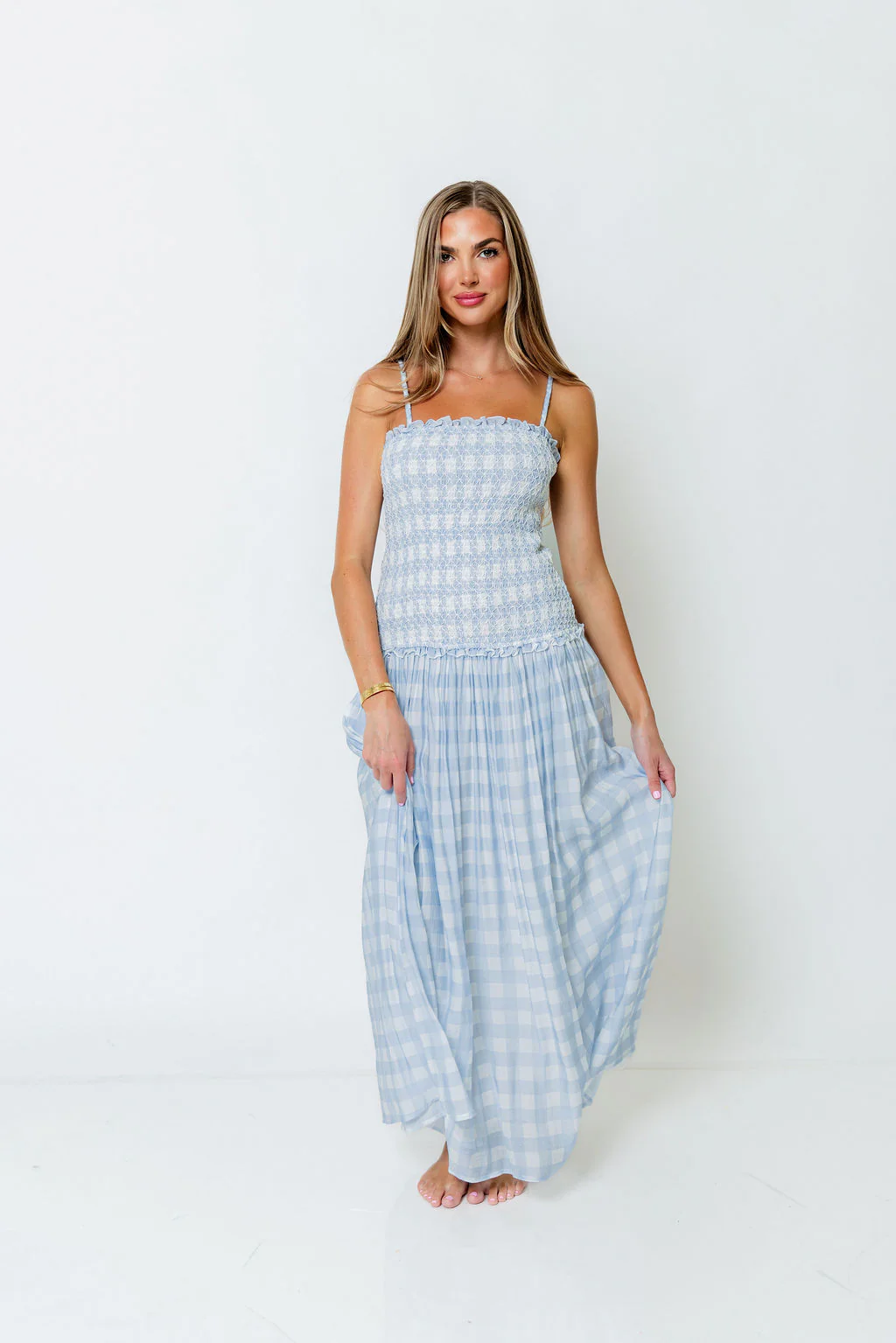 Abbie Drop Waist Smocked Gingham Maxi Dress in Blue
