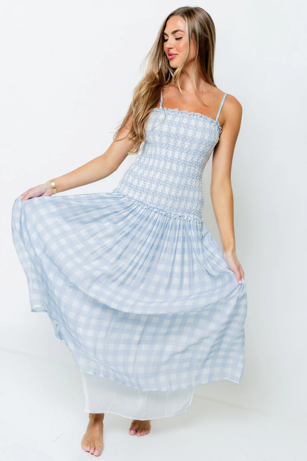 Abbie Drop Waist Smocked Gingham Maxi Dress in Blue - Image 3