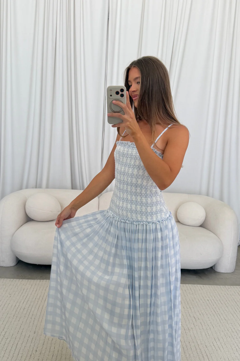 Abbie Drop Waist Smocked Gingham Maxi Dress in Blue - Image 4
