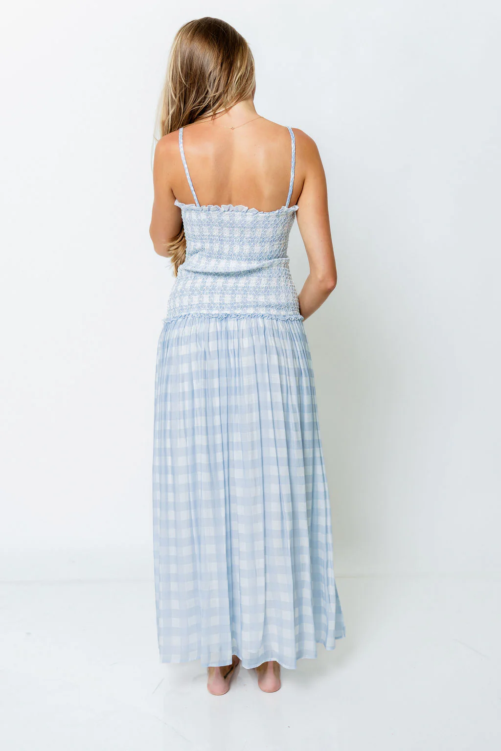 Abbie Drop Waist Smocked Gingham Maxi Dress in Blue - Image 5