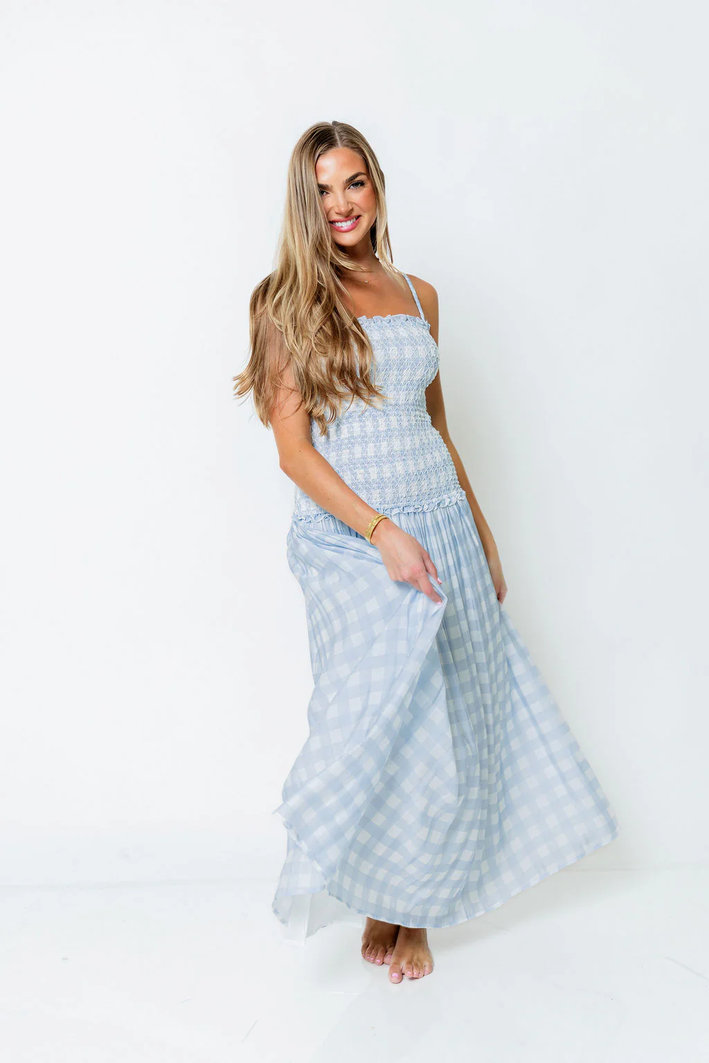 Abbie Drop Waist Smocked Gingham Maxi Dress in Blue - Image 6