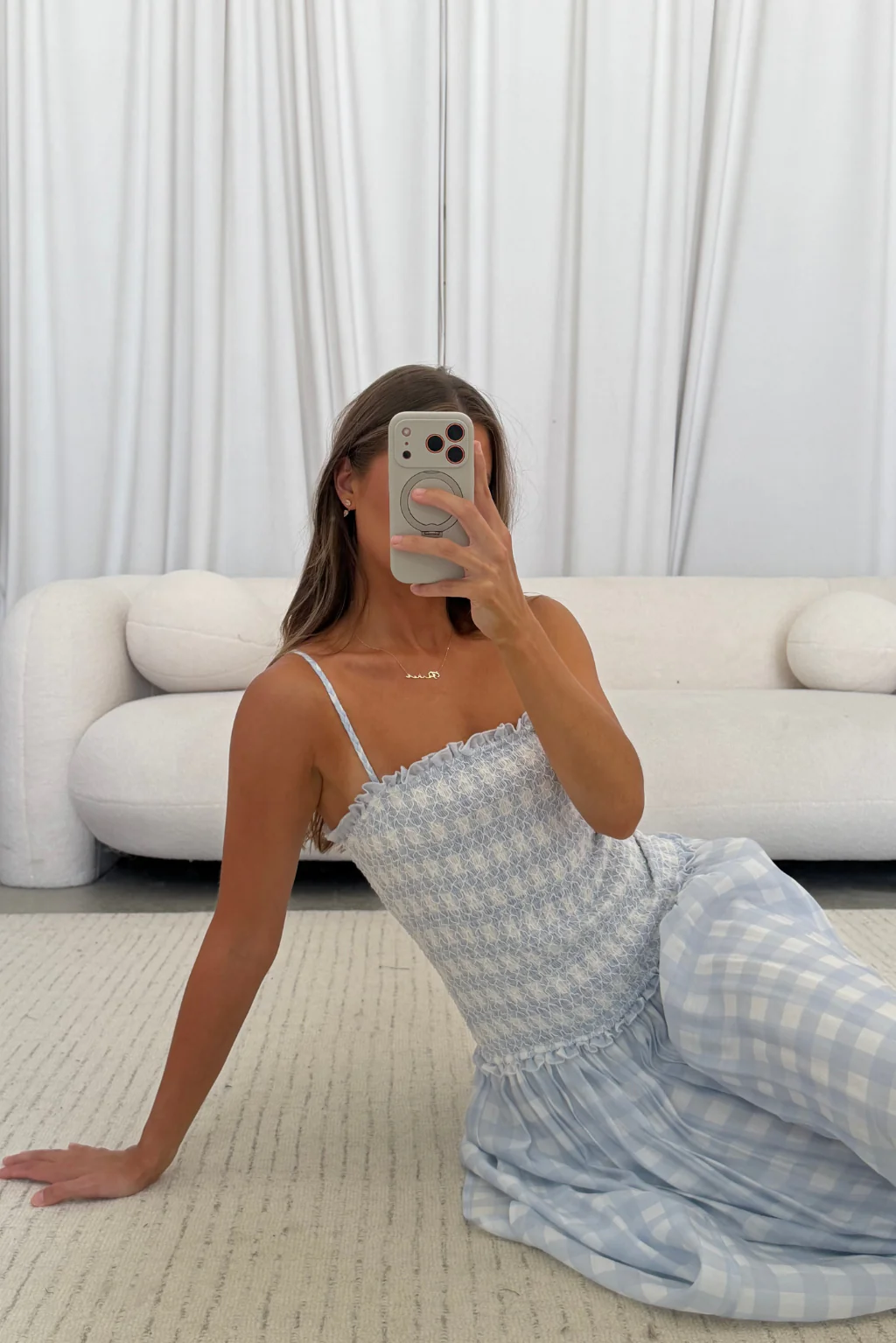 Abbie Drop Waist Smocked Gingham Maxi Dress in Blue - Image 7