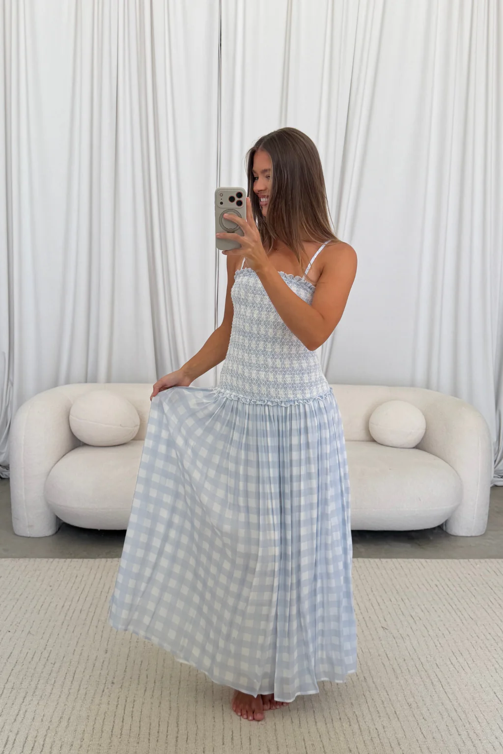 Abbie Drop Waist Smocked Gingham Maxi Dress in Blue - Image 8