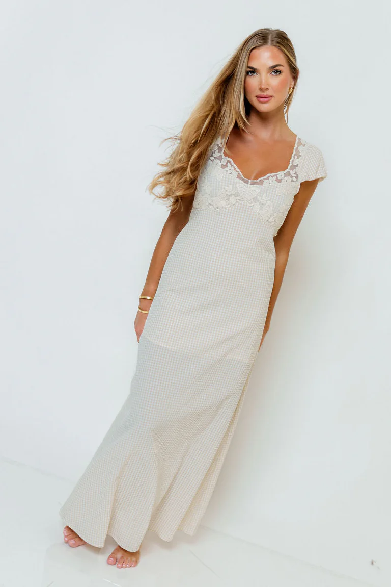 Shay Embroidered Lace Cap Sleeve Maxi Dress in Taupe/Ivory - Image 3