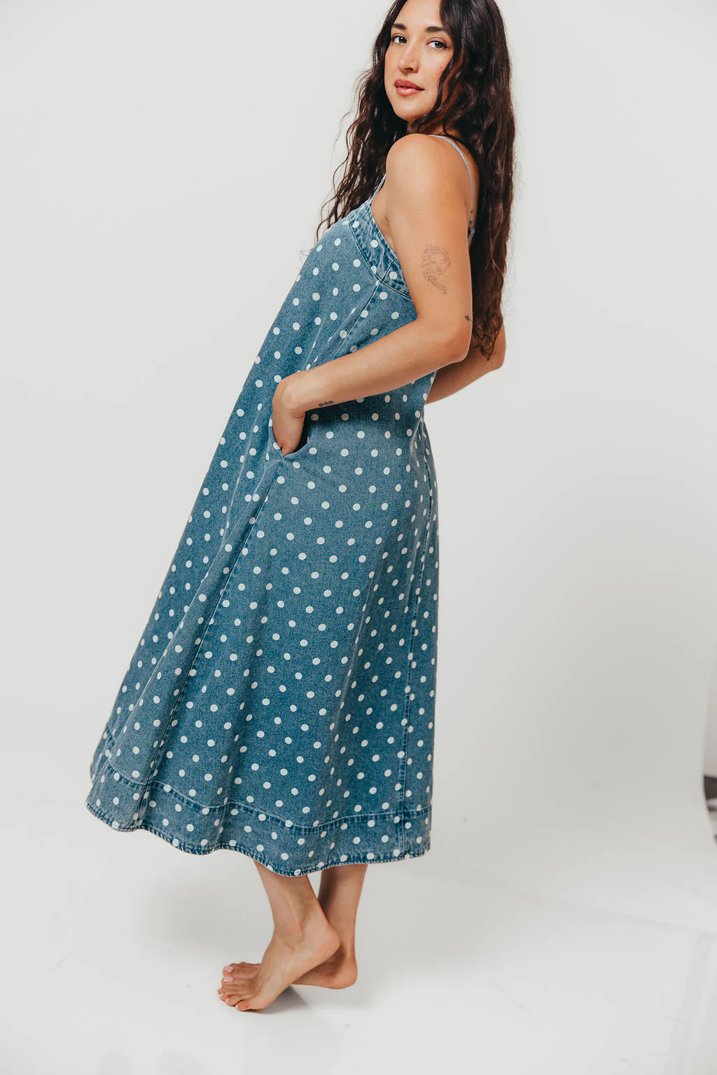 Sasha 100% Cotton Polka Dot Midi Dress in Denim - Image 10