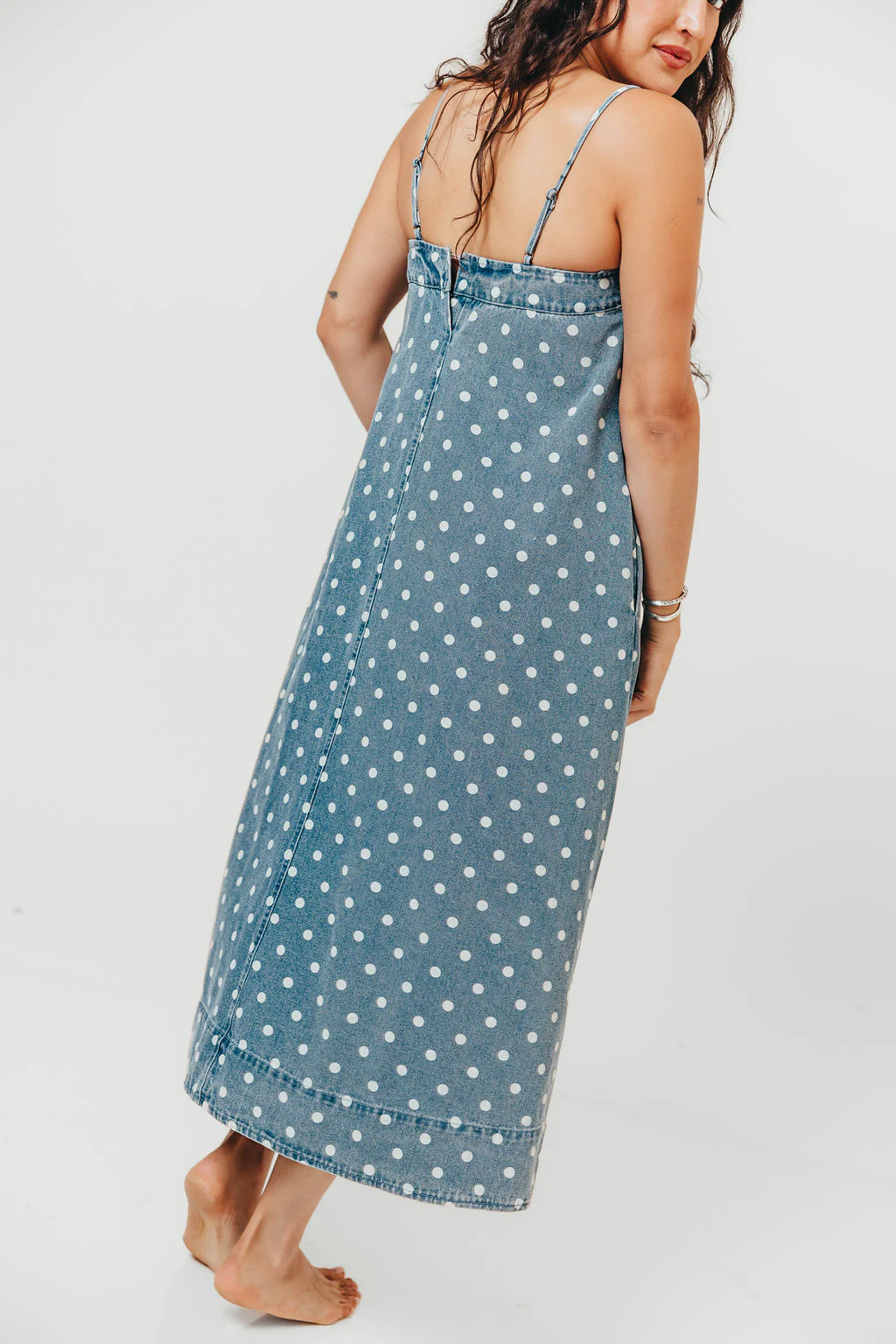 Sasha 100% Cotton Polka Dot Midi Dress in Denim - Image 11