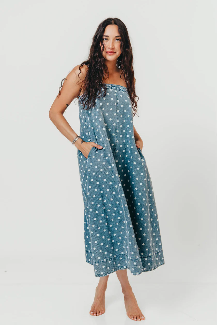 Sasha 100% Cotton Polka Dot Midi Dress in Denim - Image 3