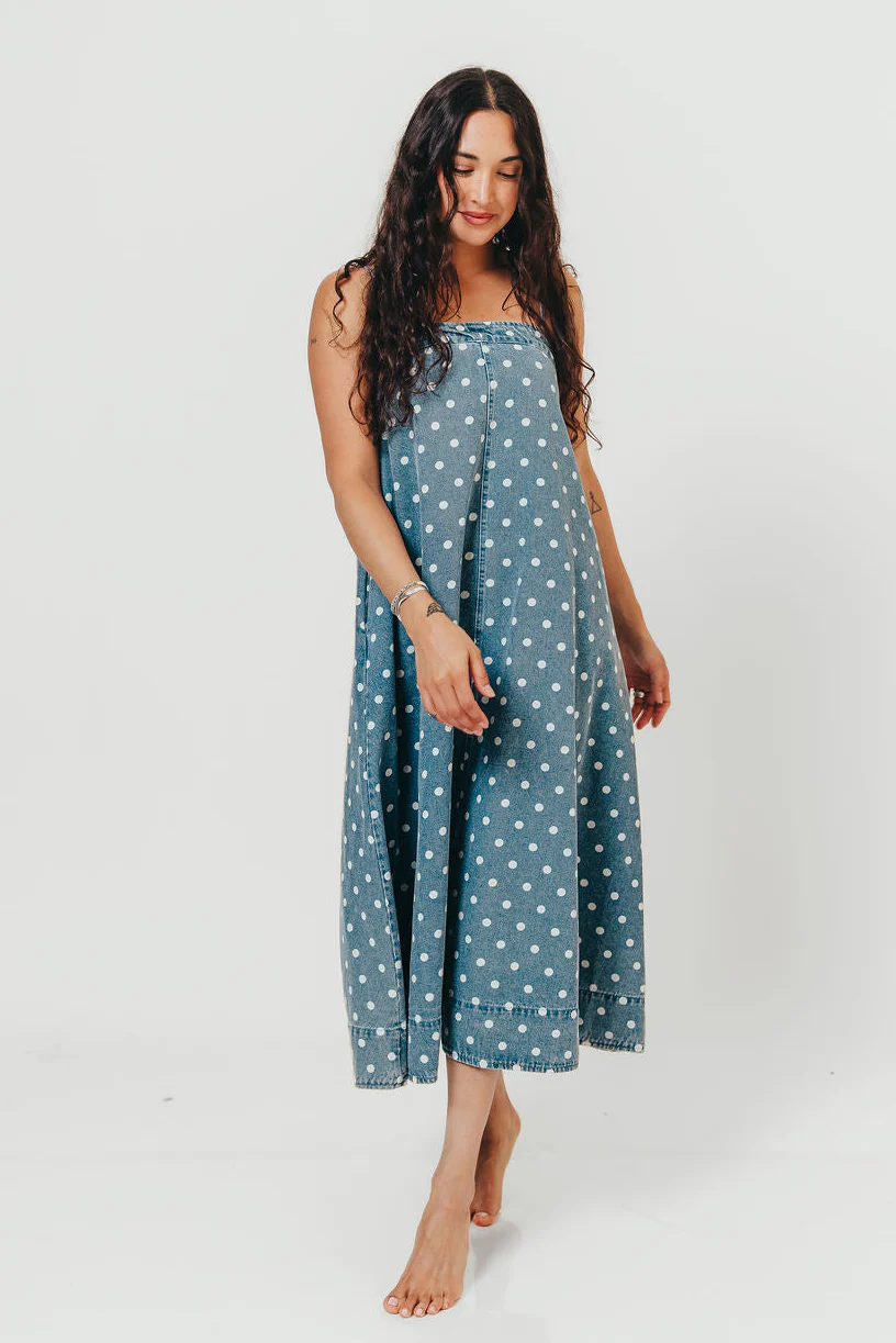Sasha 100% Cotton Polka Dot Midi Dress in Denim - Image 4