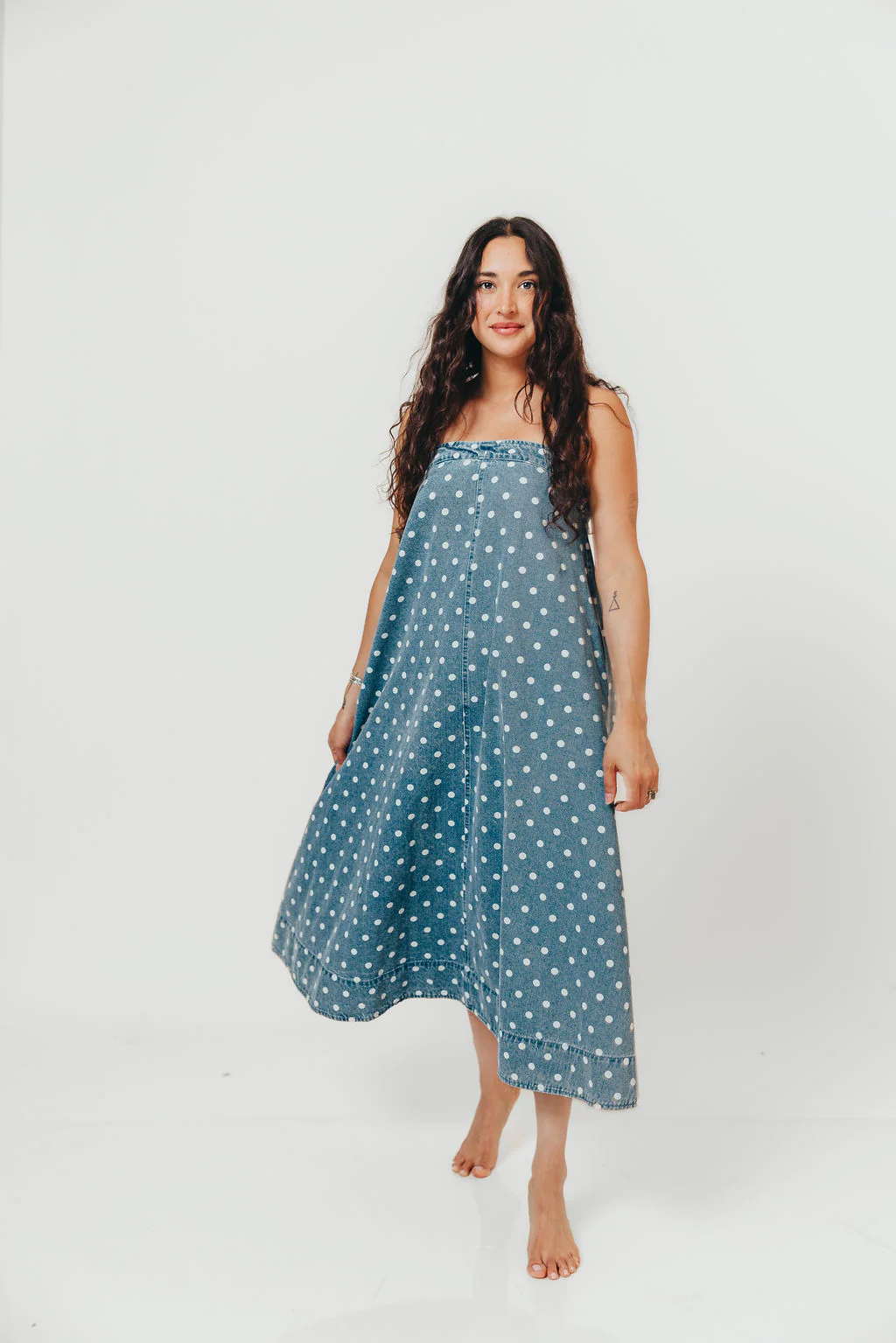 Sasha 100% Cotton Polka Dot Midi Dress in Denim - Image 5