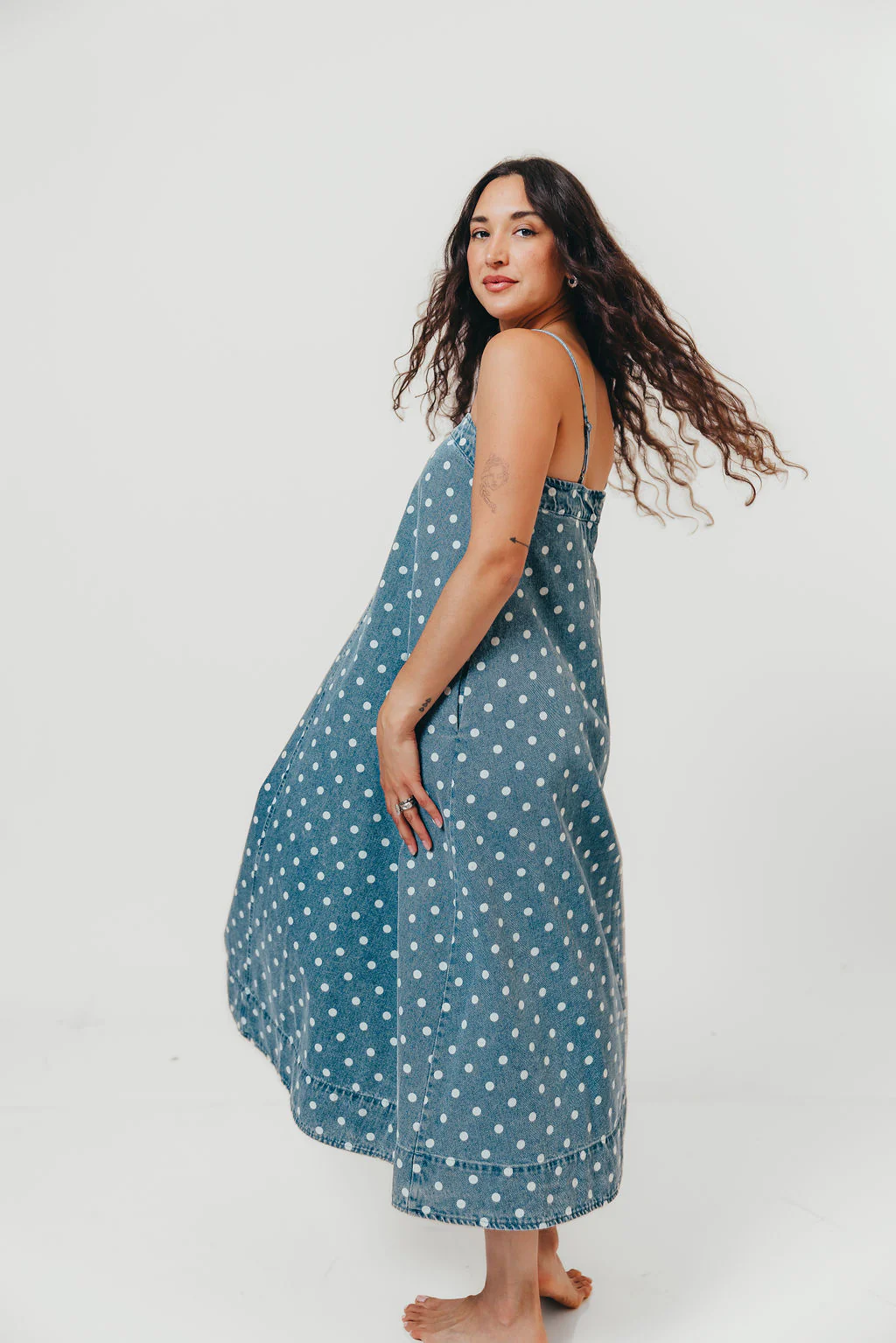 Sasha 100% Cotton Polka Dot Midi Dress in Denim - Image 6