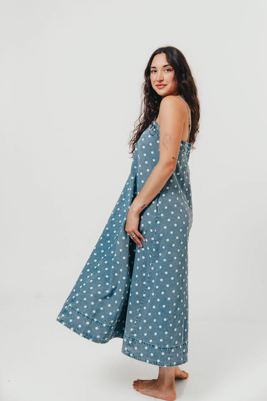 Sasha 100% Cotton Polka Dot Midi Dress in Denim - Image 7
