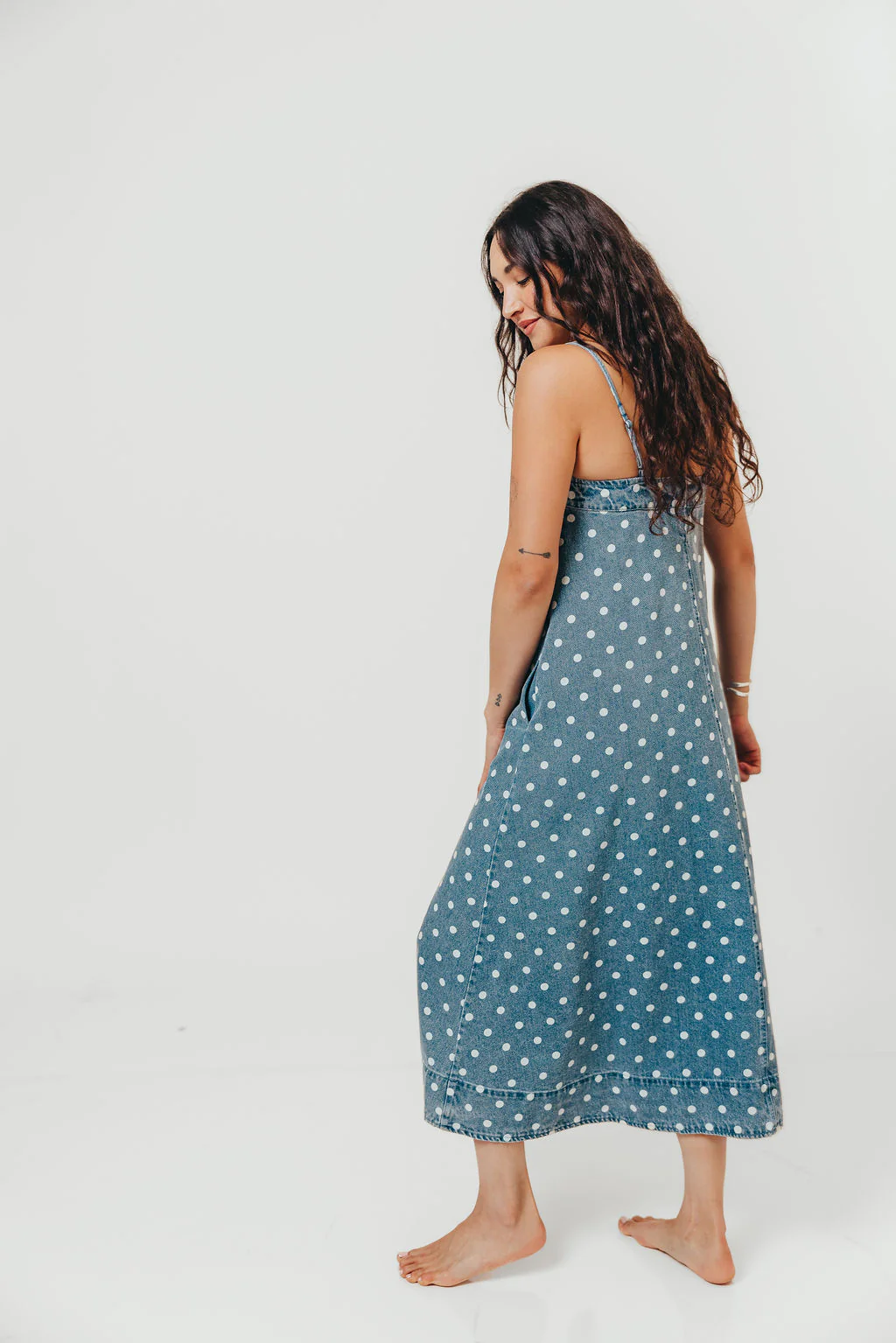 Sasha 100% Cotton Polka Dot Midi Dress in Denim - Image 8