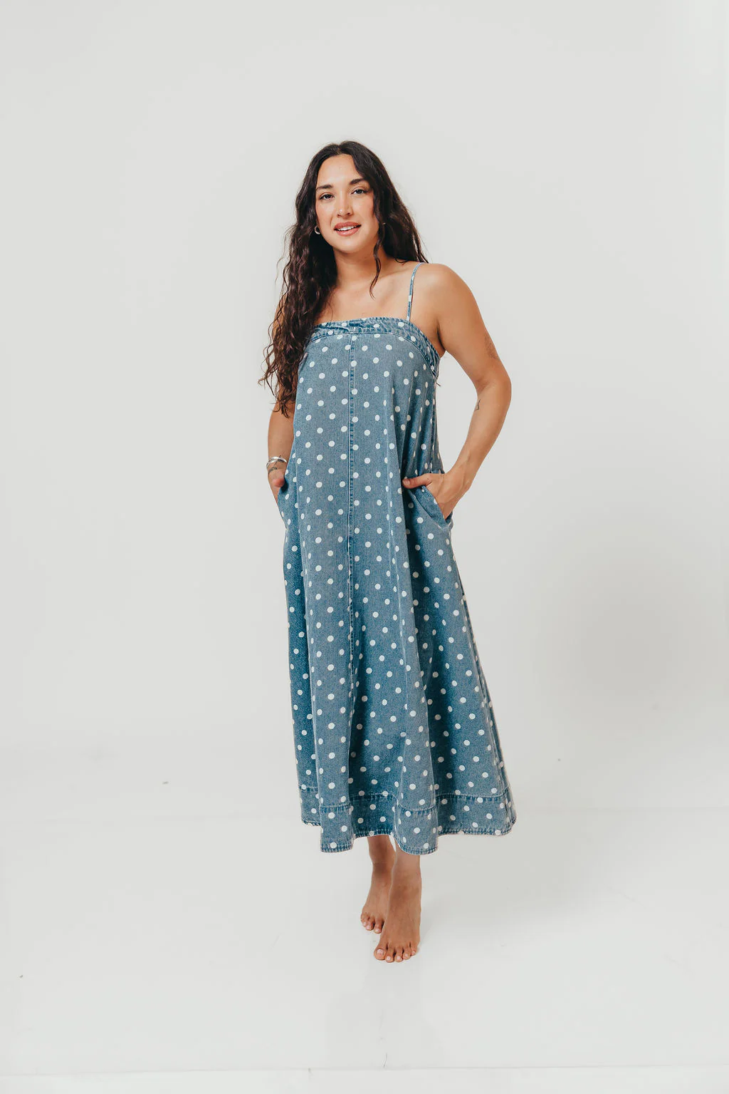 Sasha 100% Cotton Polka Dot Midi Dress in Denim - Image 9