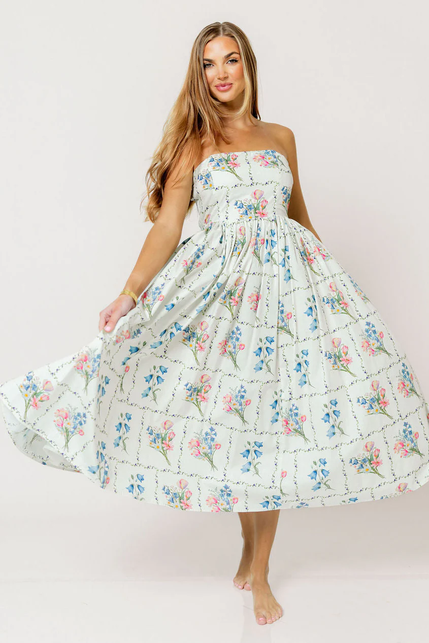 Kit Strapless Flare Floral Midi Dress in Multi - Image 2