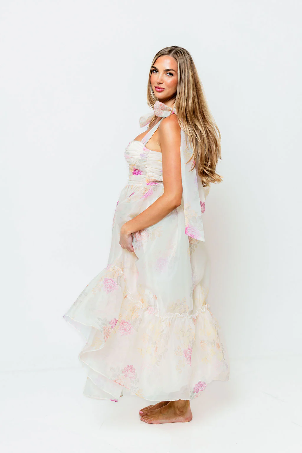 Angelica Floral Midi Dress in Cream - Image 3