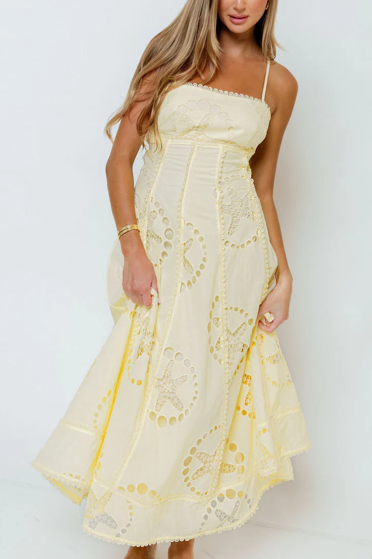 Janelle Nautical Eyelet Open Back Midi Dress in Yellow
