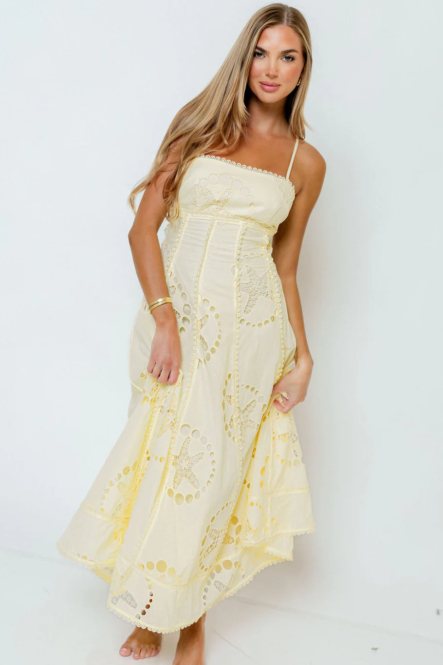 Janelle Nautical Eyelet Open Back Midi Dress in Yellow - Image 2