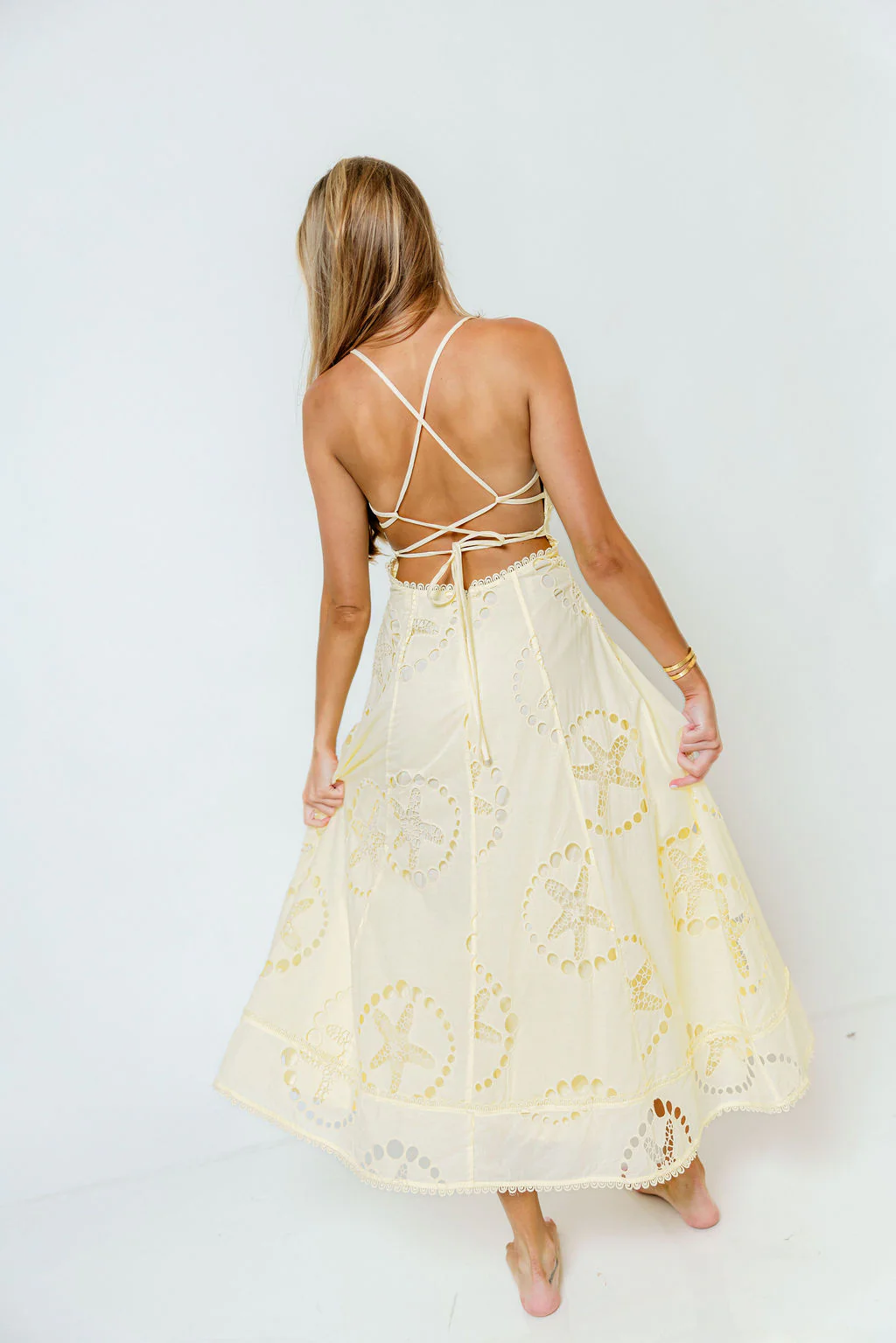 Janelle Nautical Eyelet Open Back Midi Dress in Yellow - Image 3