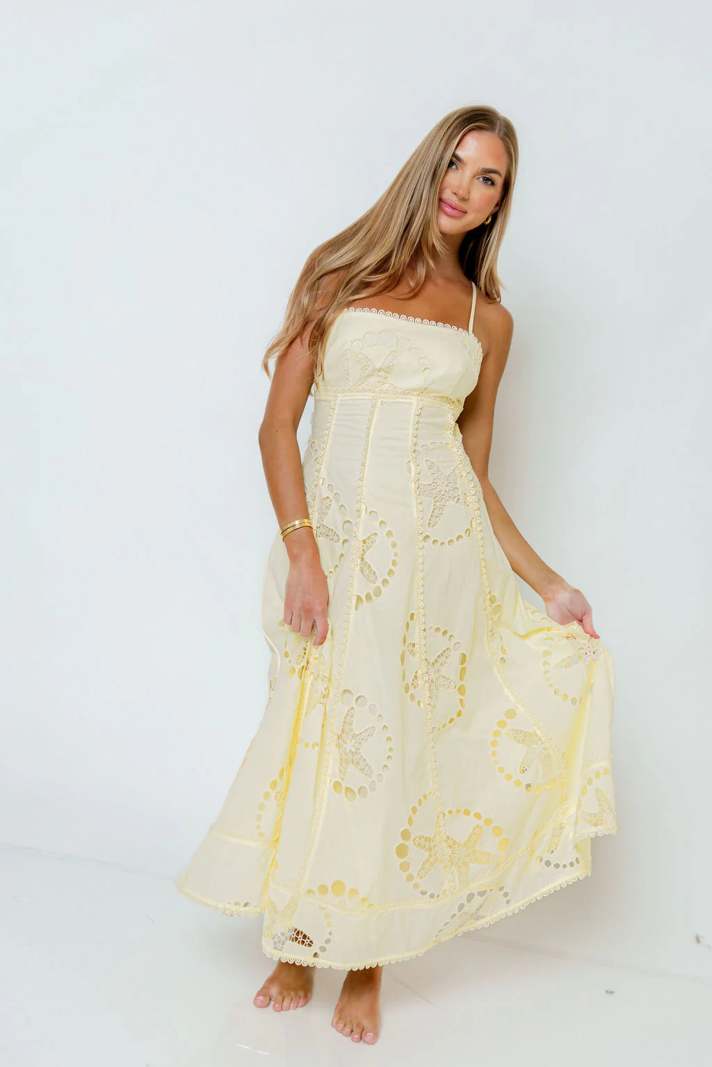 Janelle Nautical Eyelet Open Back Midi Dress in Yellow - Image 4