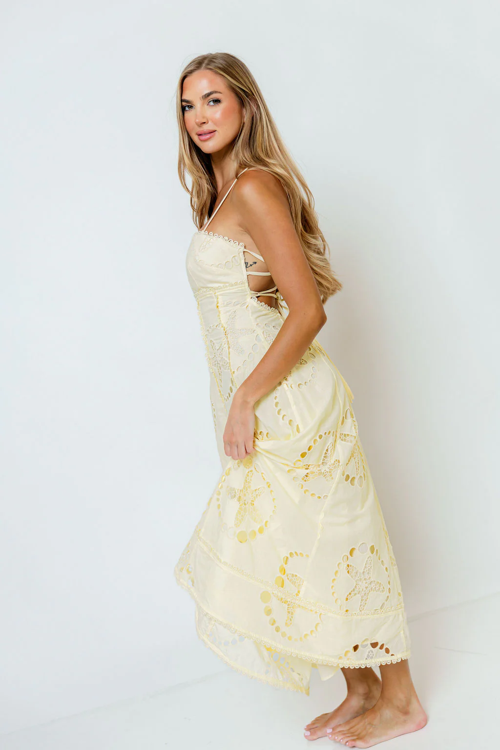 Janelle Nautical Eyelet Open Back Midi Dress in Yellow - Image 5
