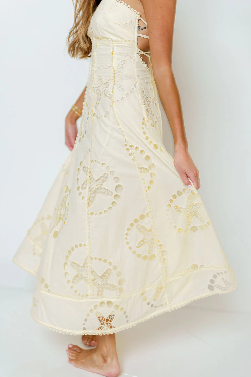 Janelle Nautical Eyelet Open Back Midi Dress in Yellow - Image 6