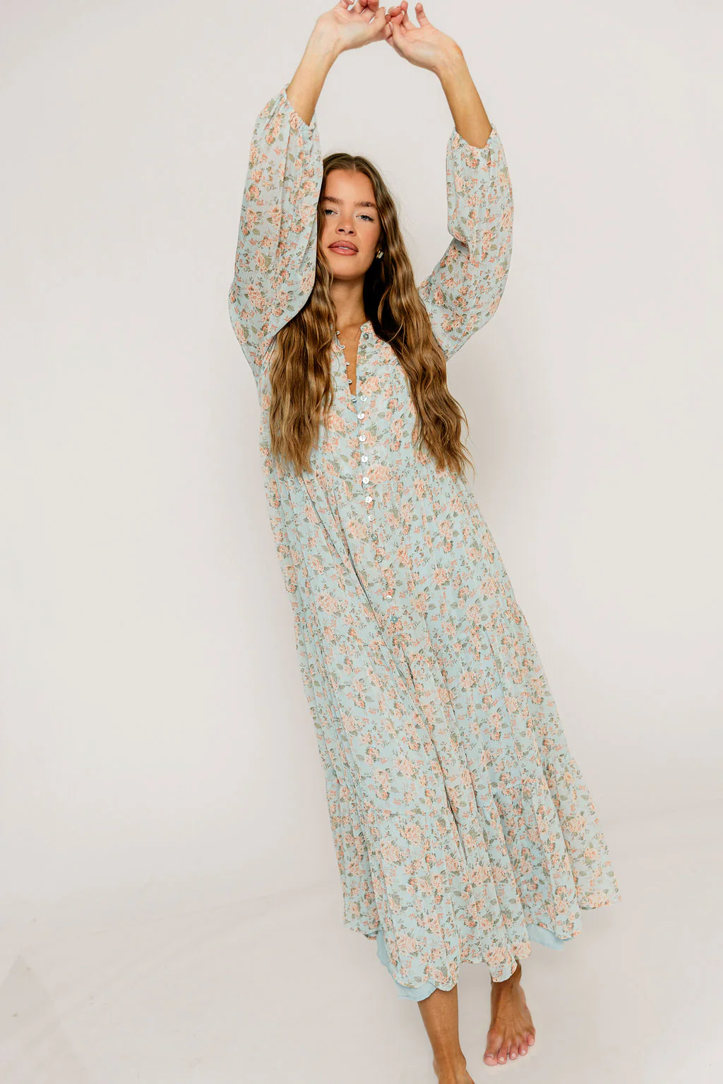 Anna Floral Button-Down Maxi Dress in Light Blue - Bump Friendly - Image 3