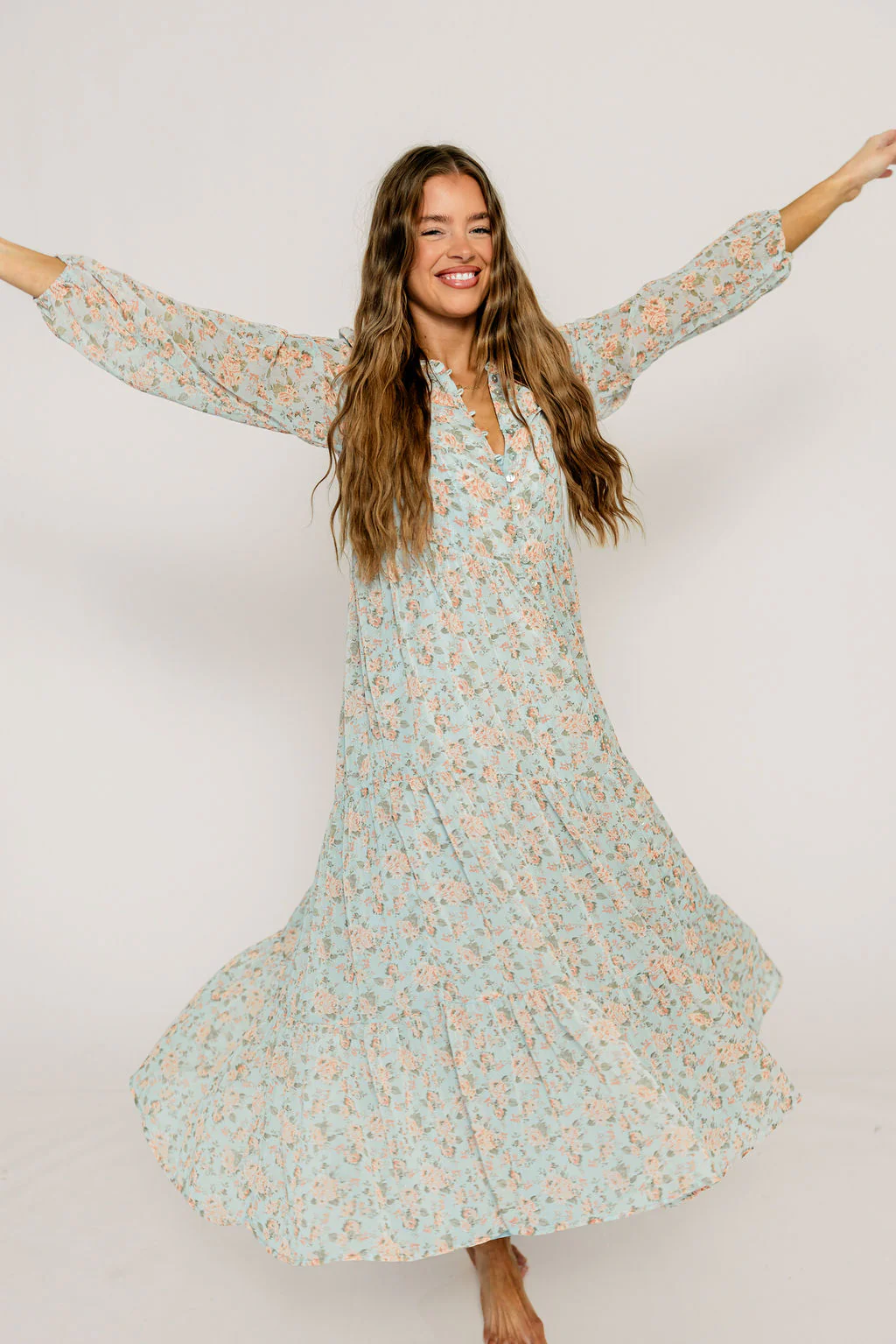 Anna Floral Button-Down Maxi Dress in Light Blue - Bump Friendly - Image 4