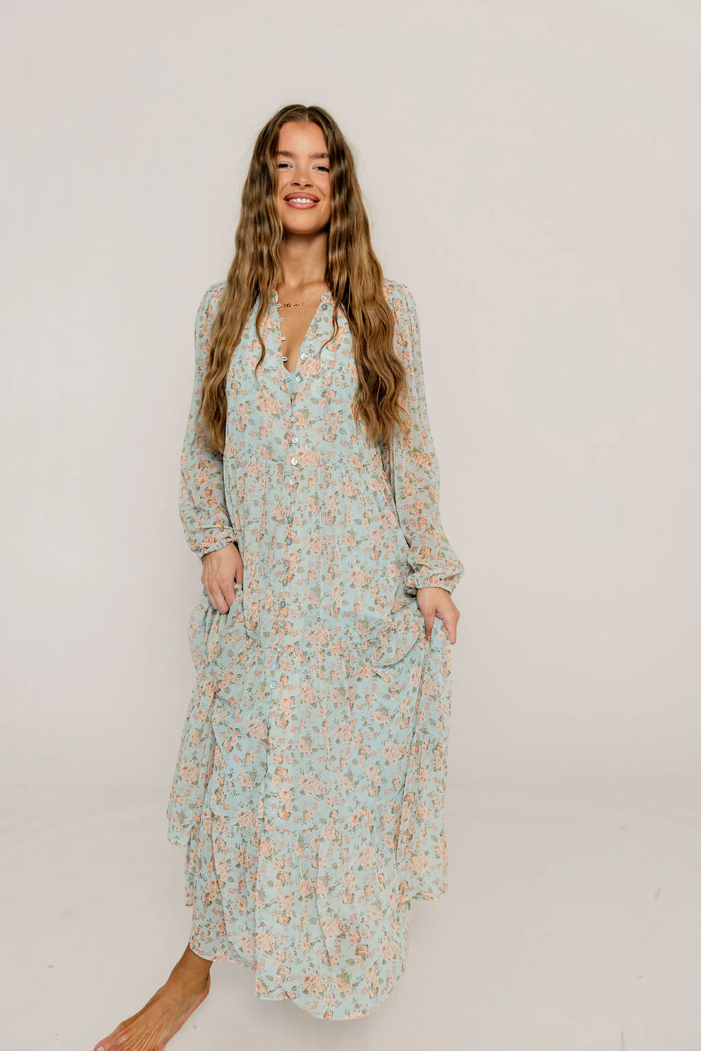 Anna Floral Button-Down Maxi Dress in Light Blue - Bump Friendly - Image 6