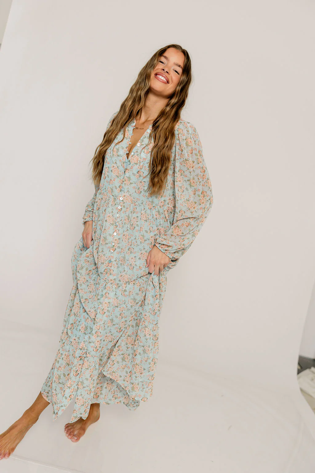 Anna Floral Button-Down Maxi Dress in Light Blue - Bump Friendly - Image 7