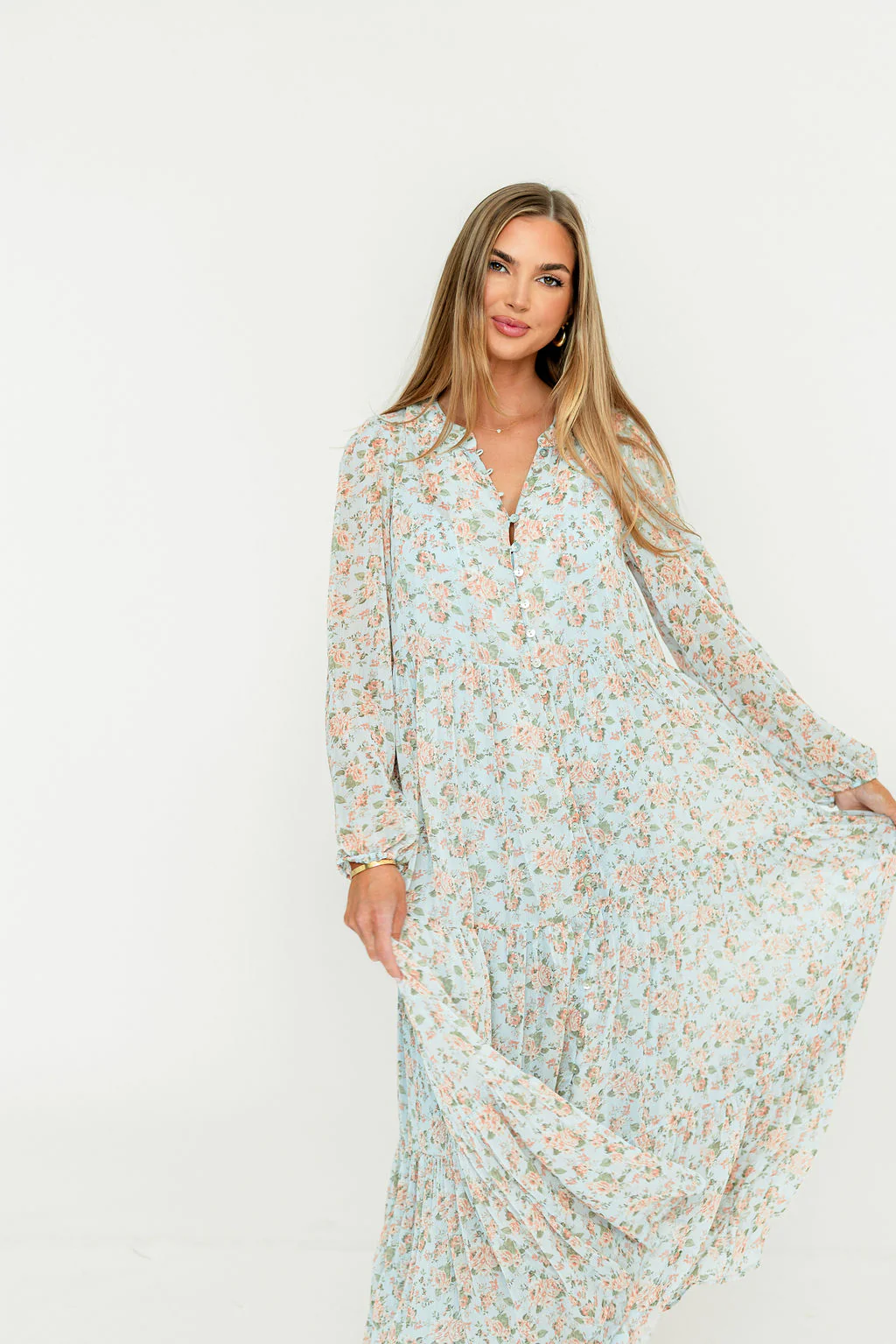 Anna Floral Button-Down Maxi Dress in Light Blue - Bump Friendly - Image 8