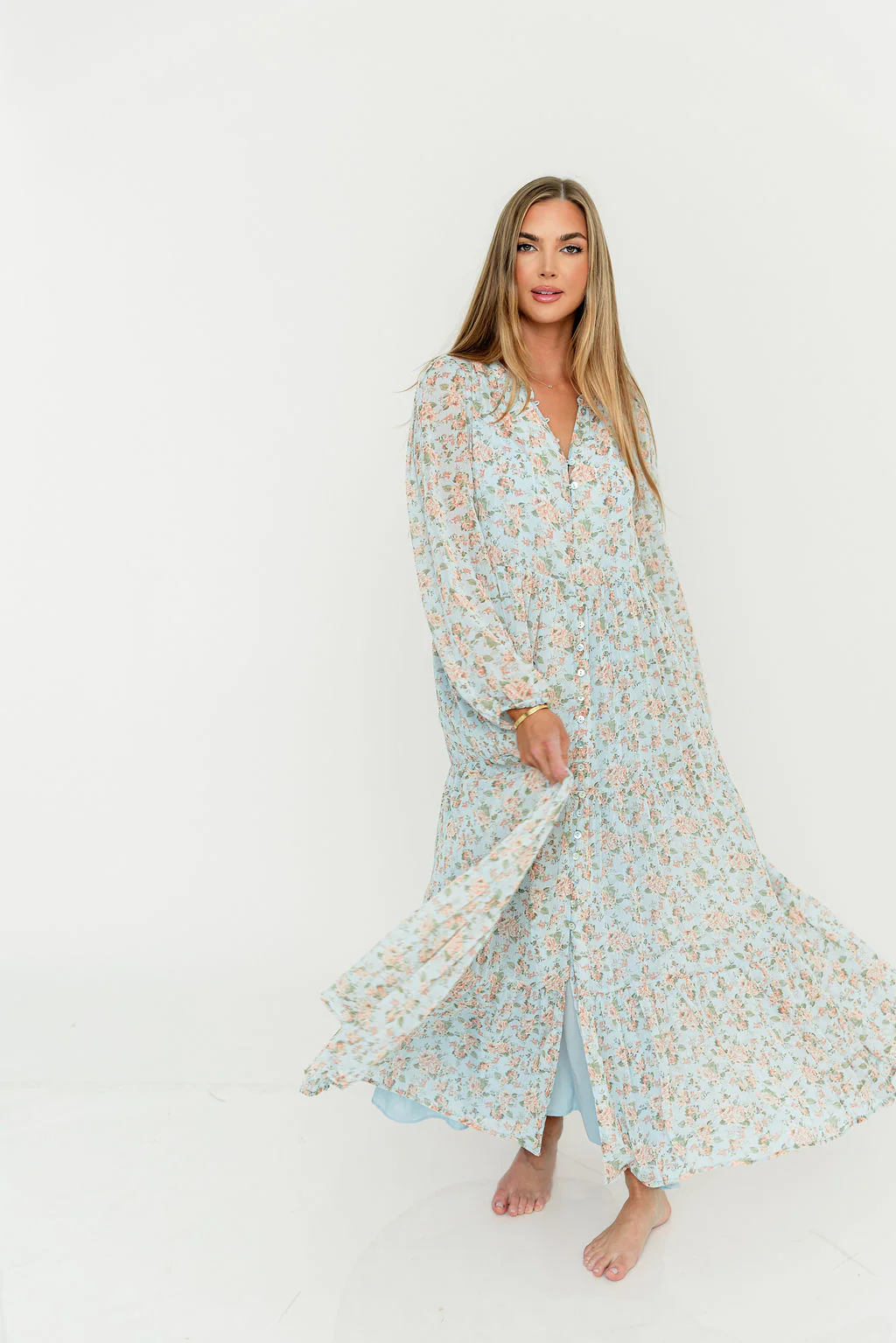Anna Floral Button-Down Maxi Dress in Light Blue - Bump Friendly - Image 9