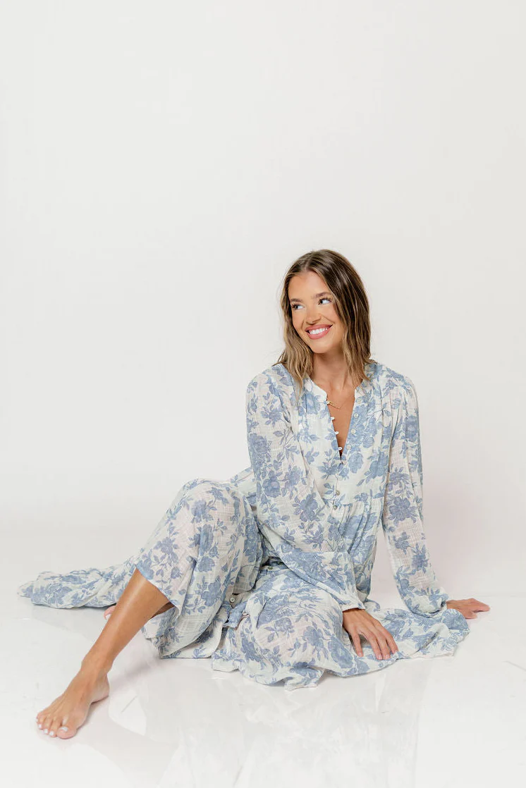 Anna Floral Button-Down Maxi Dress with Detachable Liner in Ivory/Blue - Bump Friendly - Image 10