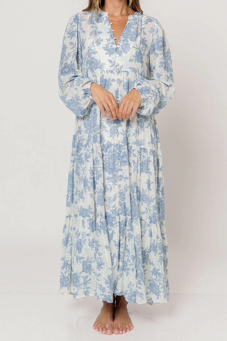 Anna Floral Button-Down Maxi Dress with Detachable Liner in Ivory/Blue - Bump Friendly - Image 3