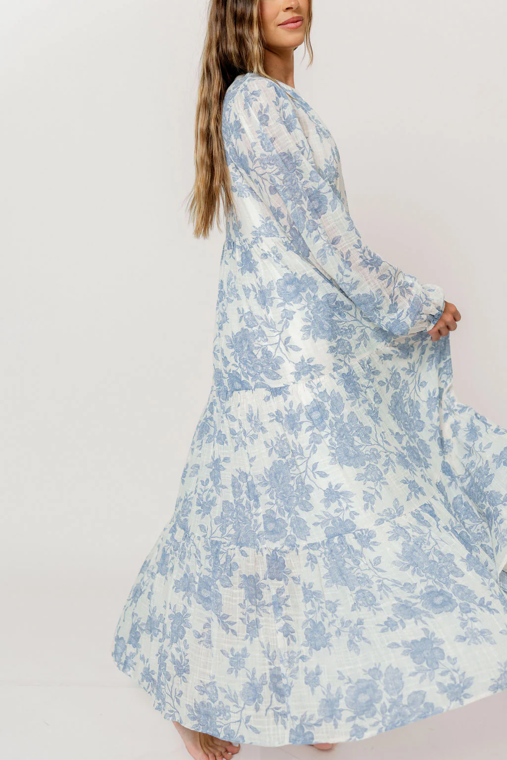 Anna Floral Button-Down Maxi Dress with Detachable Liner in Ivory/Blue - Bump Friendly - Image 7