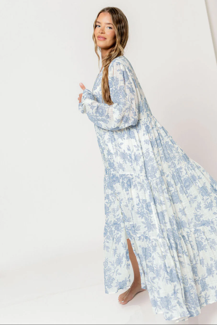 Anna Floral Button-Down Maxi Dress with Detachable Liner in Ivory/Blue - Bump Friendly - Image 9