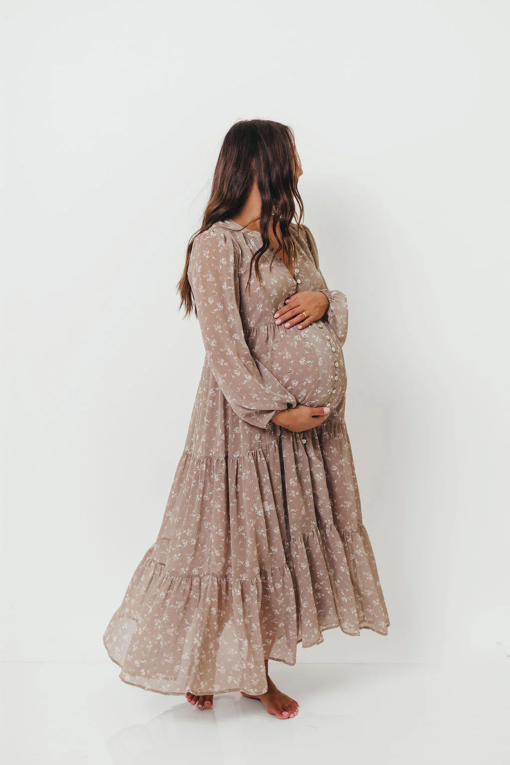 Anna Floral Print Button Front Duster Maxi W/Slip in Mocha Multi - Bump Friendly - Image 10