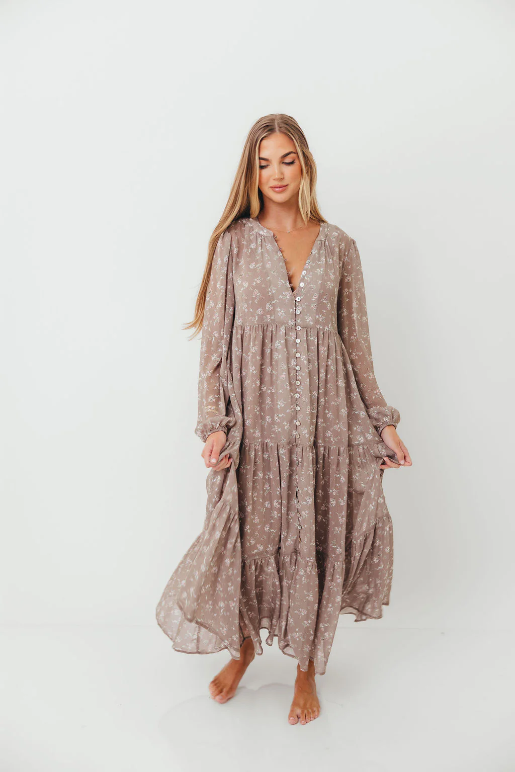Anna Floral Print Button Front Duster Maxi W/Slip in Mocha Multi - Bump Friendly - Image 11