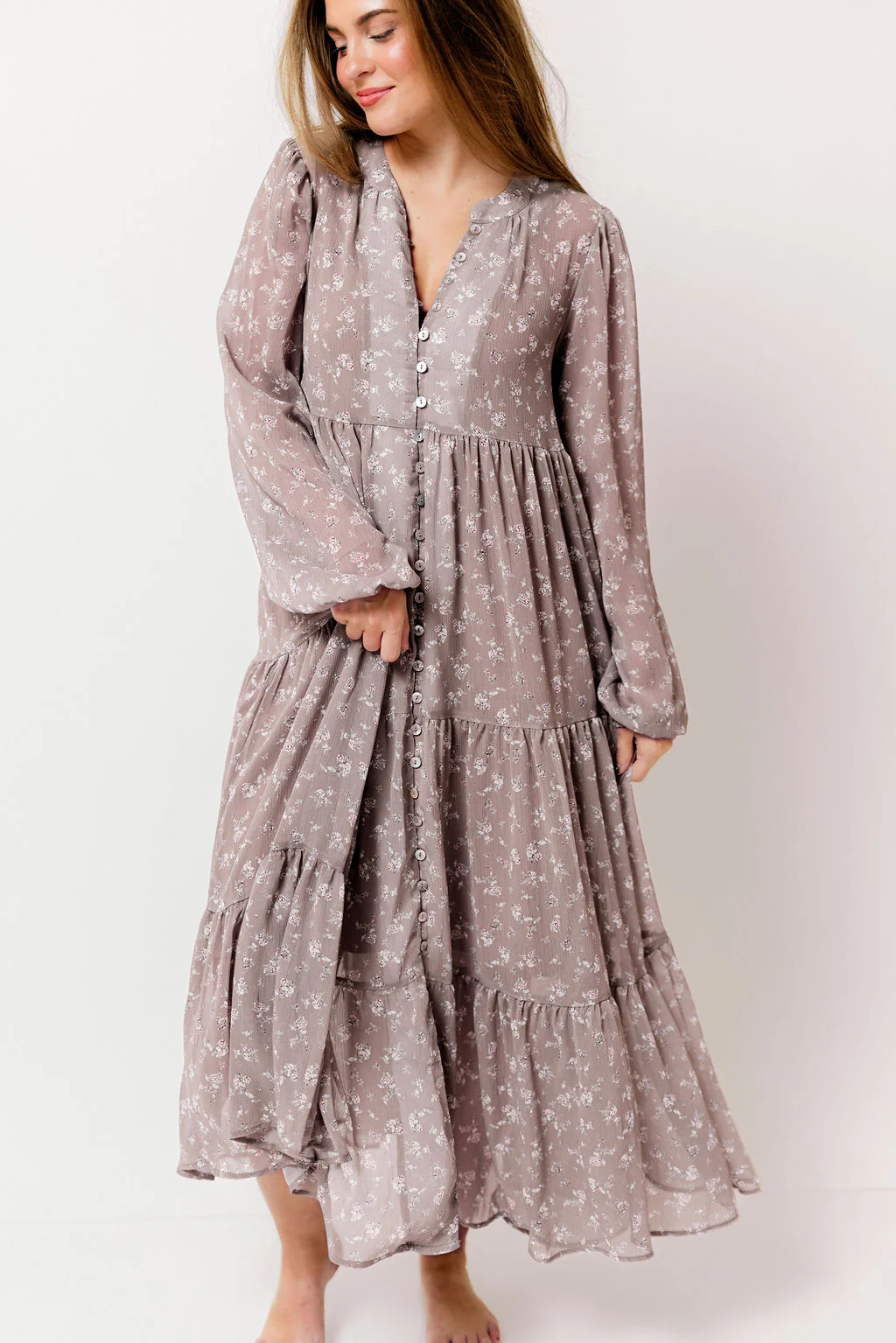 Anna Floral Print Button Front Duster Maxi W/Slip in Mocha Multi - Bump Friendly - Image 19
