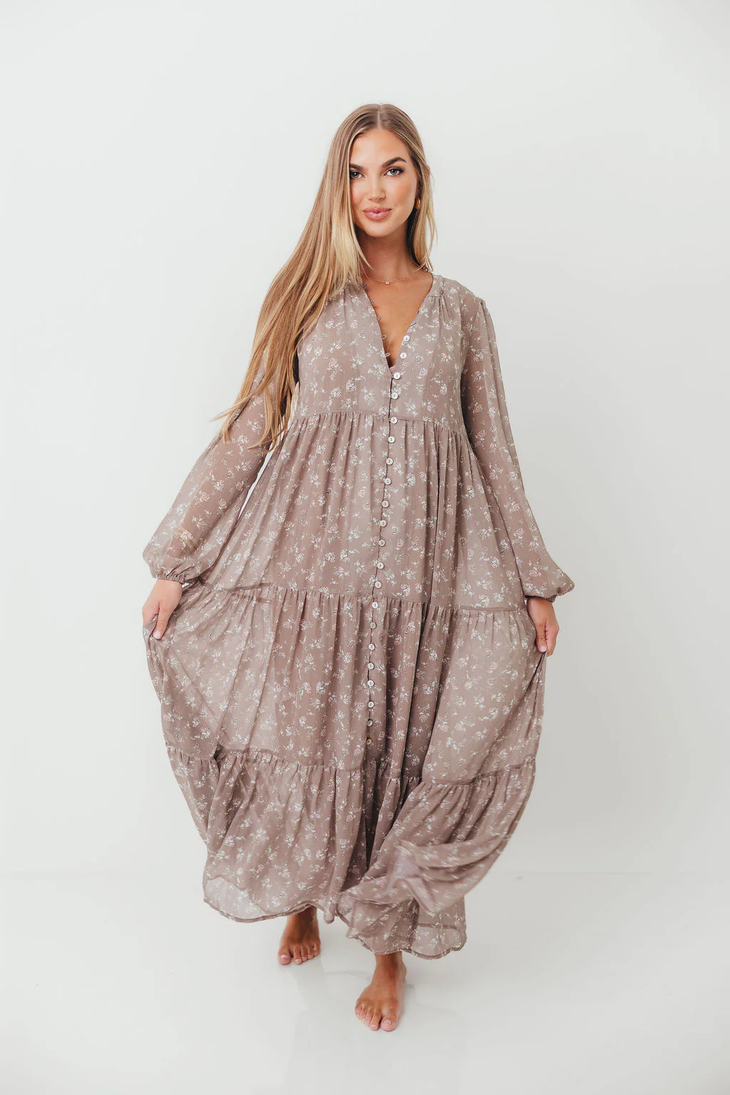 Anna Floral Print Button Front Duster Maxi W/Slip in Mocha Multi - Bump Friendly - Image 3