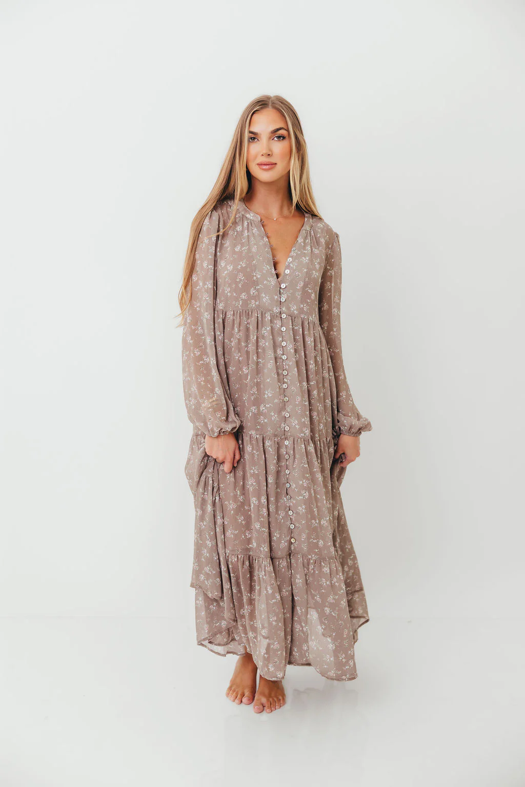 Anna Floral Print Button Front Duster Maxi W/Slip in Mocha Multi - Bump Friendly - Image 5