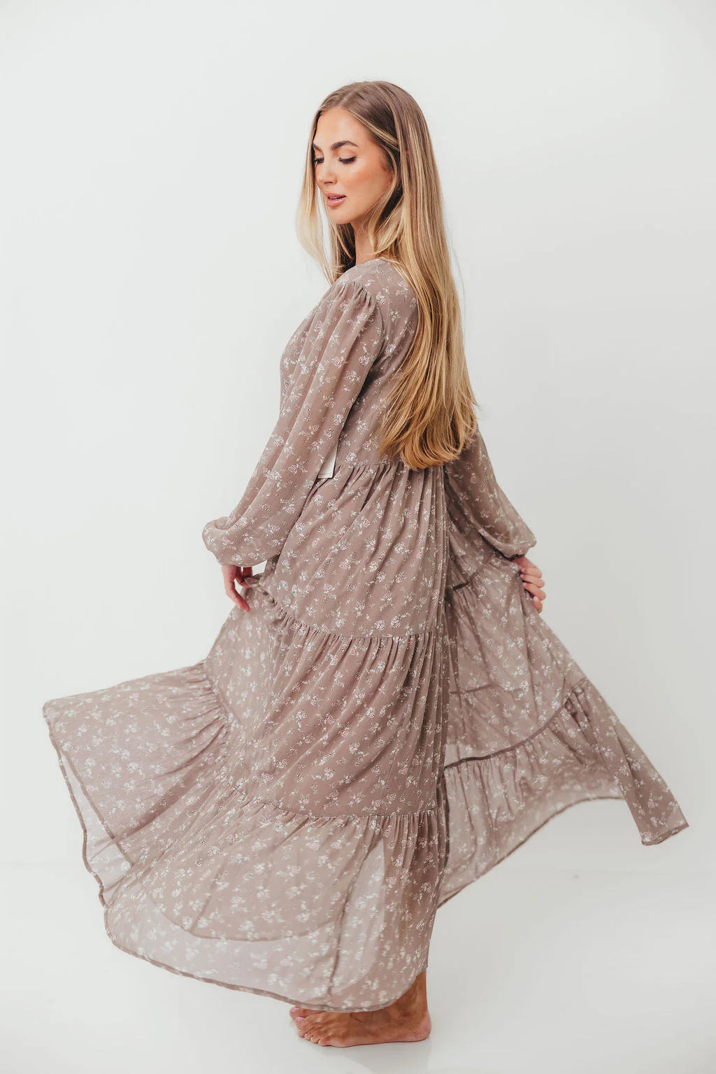 Anna Floral Print Button Front Duster Maxi W/Slip in Mocha Multi - Bump Friendly - Image 8