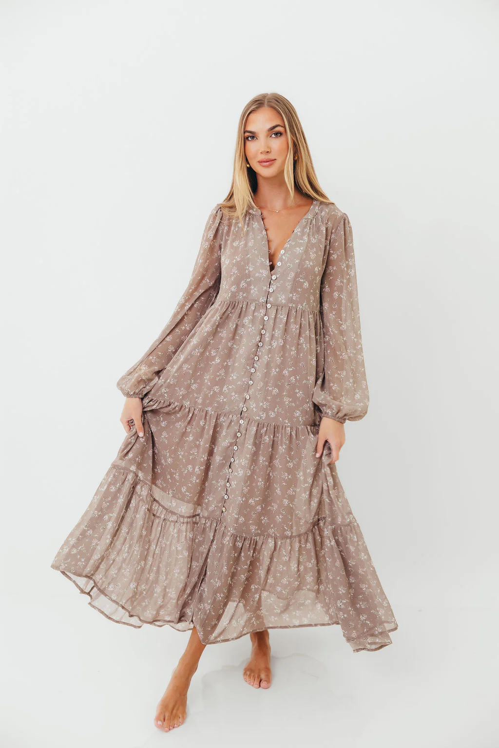 Anna Floral Print Button Front Duster Maxi W/Slip in Mocha Multi - Bump Friendly - Image 9