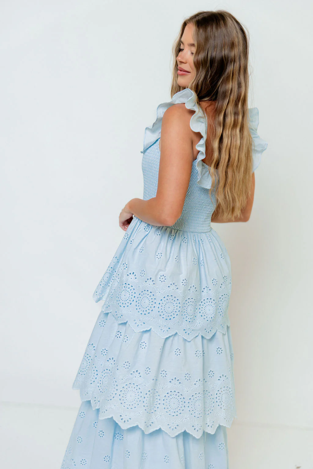 Ashlynn Ruffled Smocked Eyelet Tiered Maxi Dress in Light Blue - Image 11